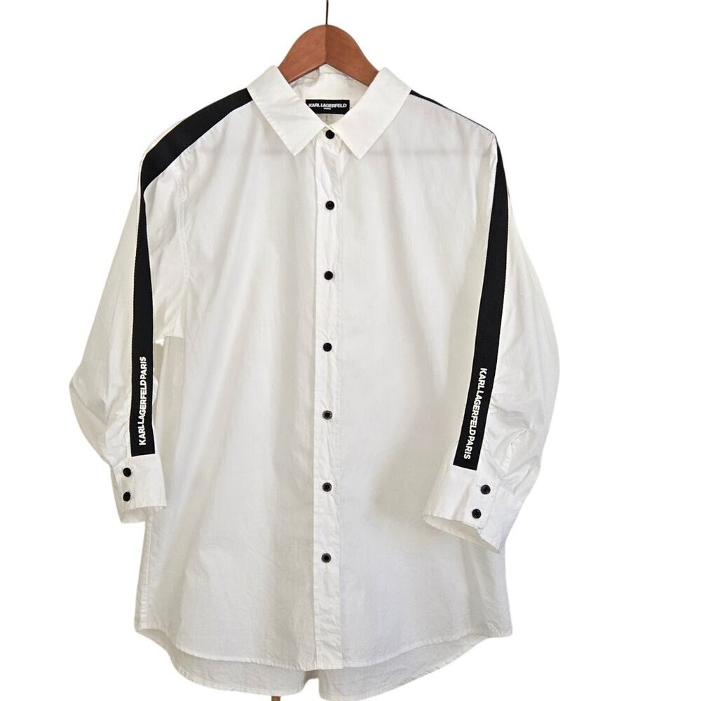 Karl Lagerfeld Paris White Button‑Front Logo Shirt Elevated Sporty Luxe Medium